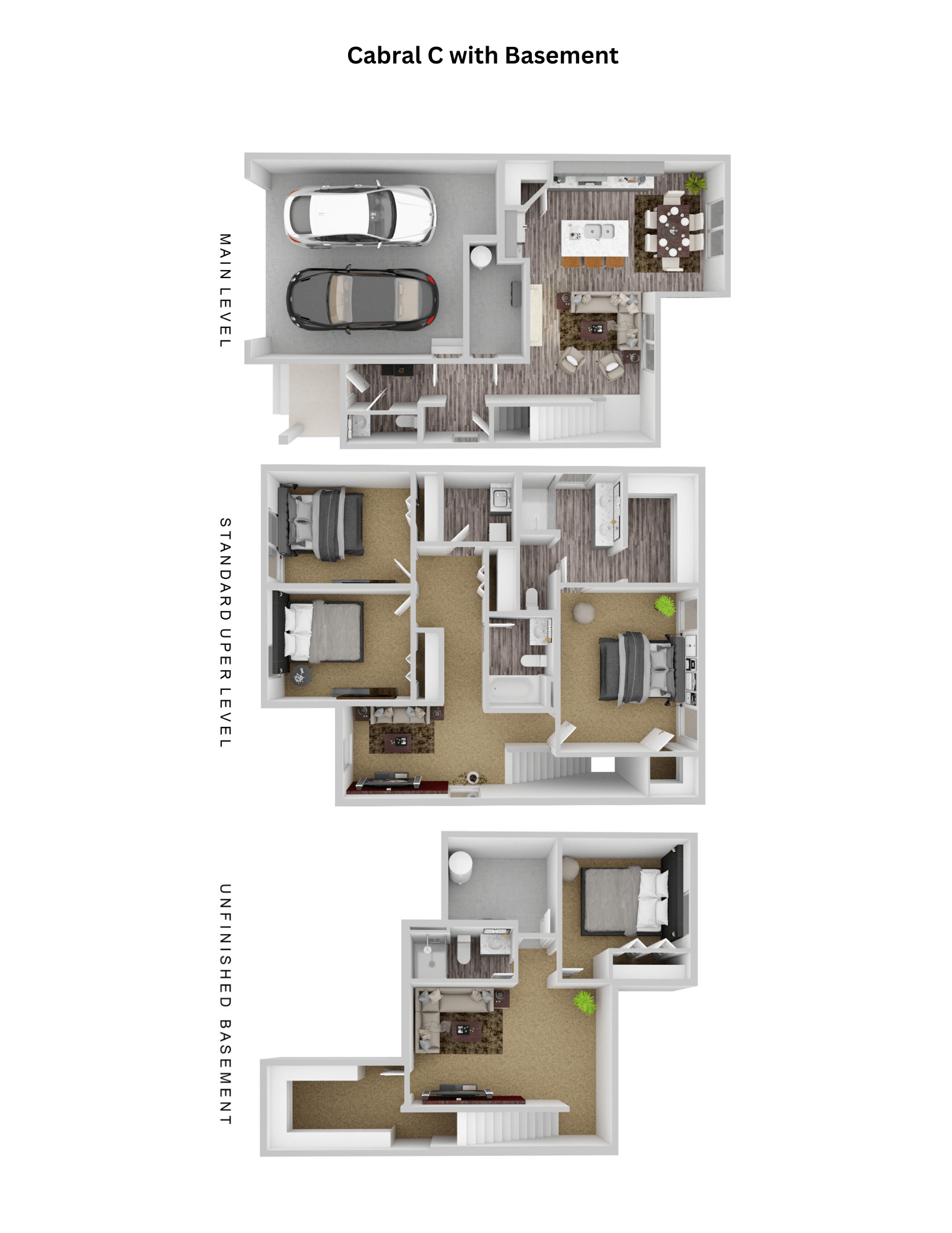 a 3d floor plan of a house withartments and a garage